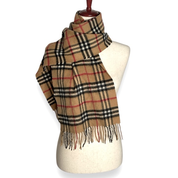 Vintage Burberry Signature Tan Plaid Cashmere Blend Fringe Scarf - Picture 1 of 4
